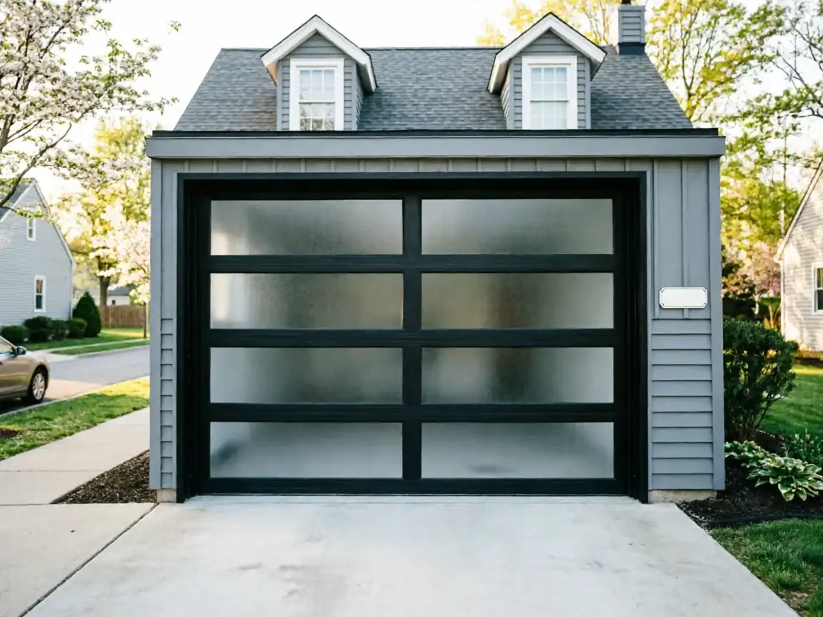 A modern black garage door with frosted glass panels on a gray house.