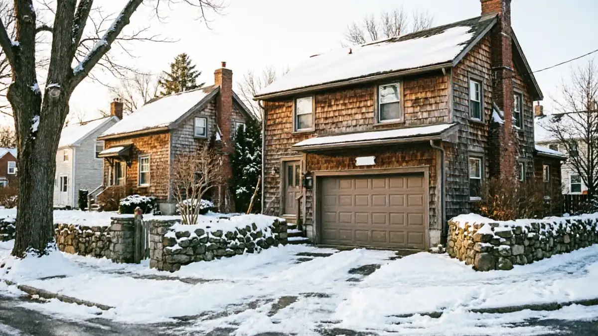 A brown garage door on a house with wood shingles and snow on the roof.