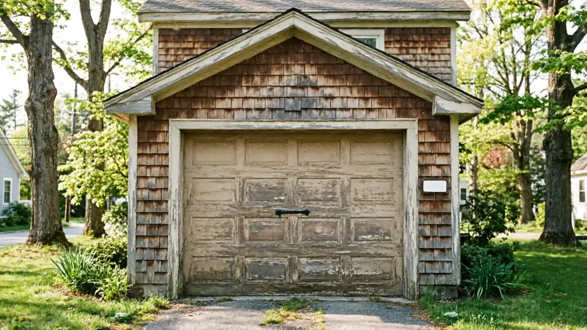 A weathered garage door with peeling paint and cedar shake siding.