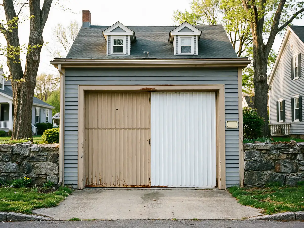 The garage door is half old and peeling tan, and half new white.