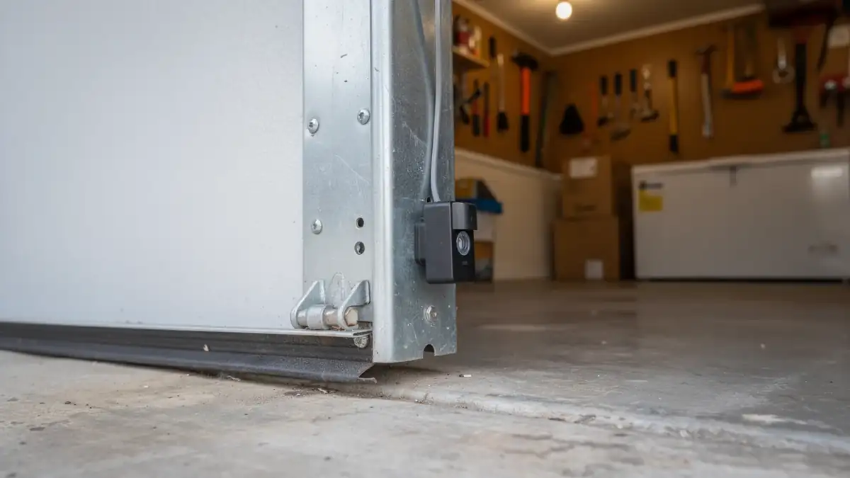 The garage door bottom seal and safety sensor are visible from inside the garage.
