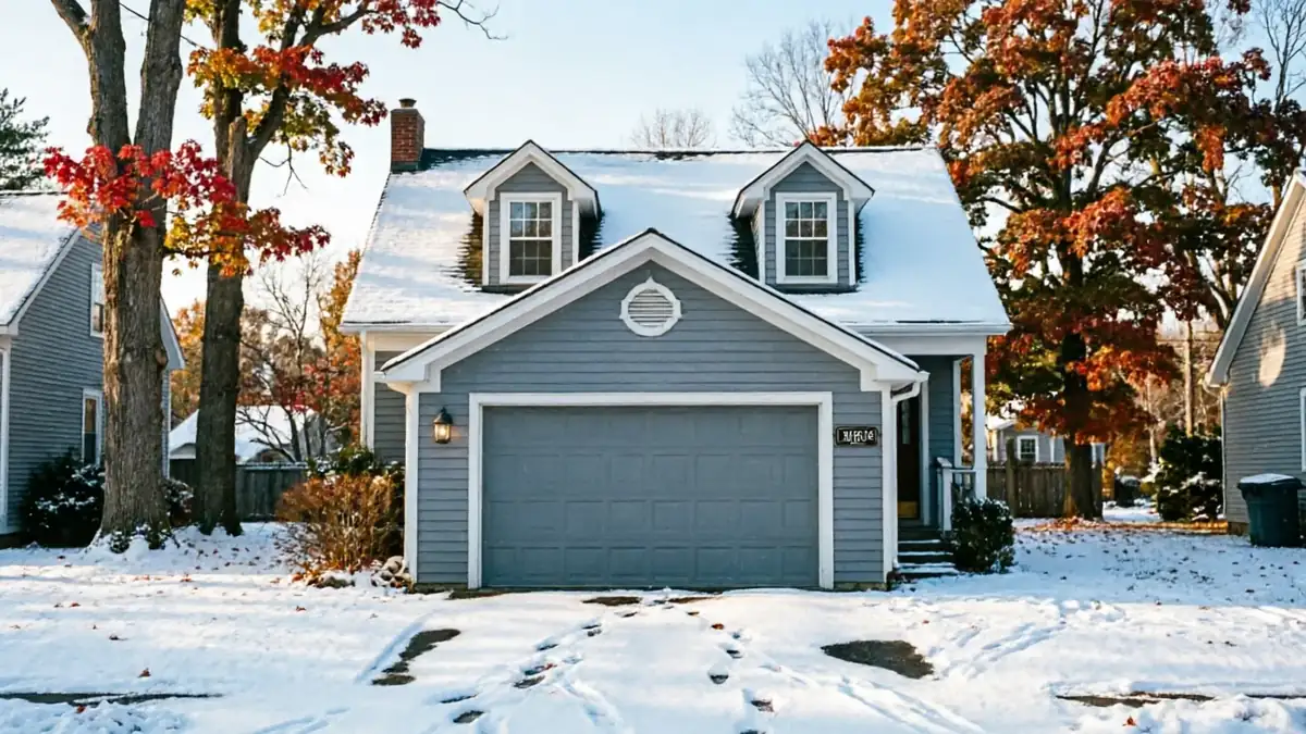 A gray house with a gray garage door and snow on the roof and ground.